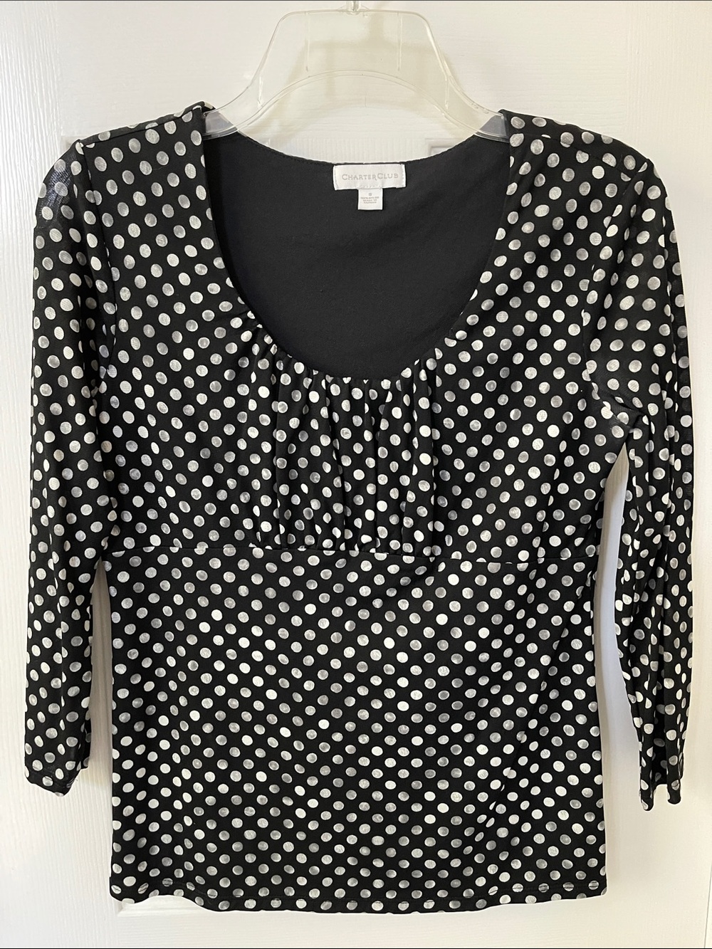 Charter Club Black and White Polka Dot Scoop Neck 3/4 length Sleeve Top